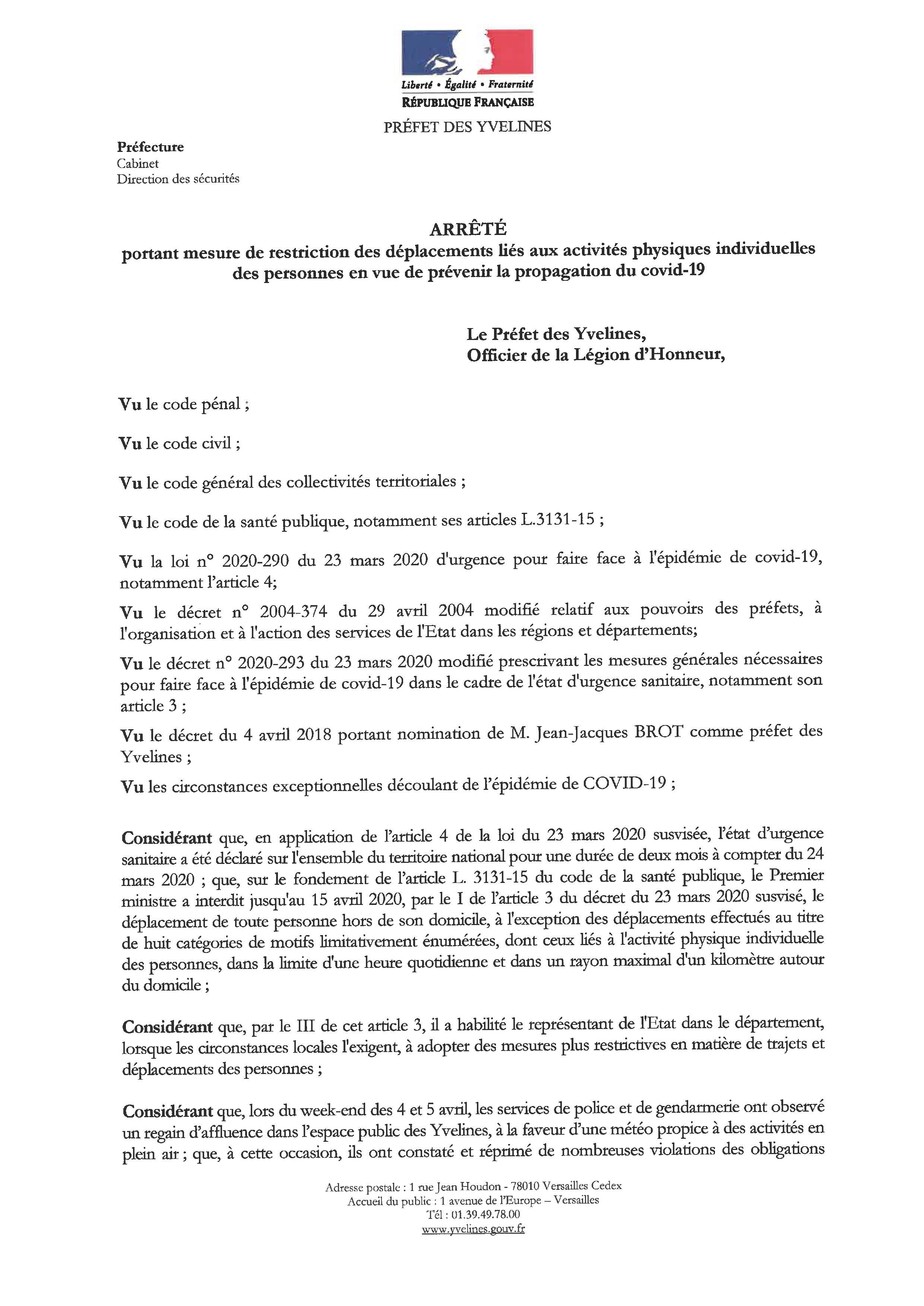 Arrêté préfectoral exercice physique confinement 7 avril 2020 Page 1