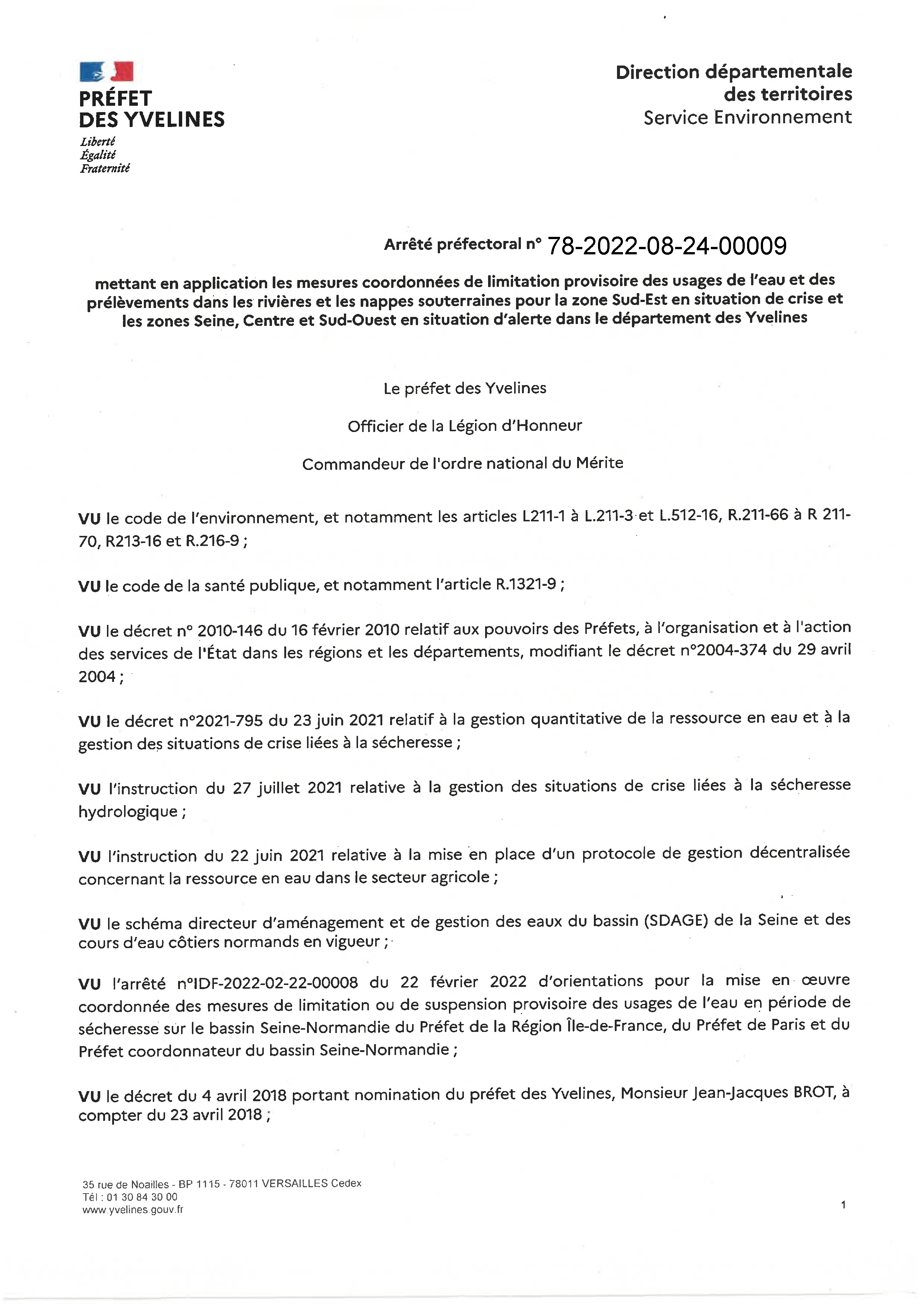ACA AP 20220824 RAA 78 2022 08 24 00009 Limitation des usages de leau Yvelines Page 01