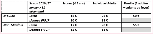 Tarifs 2025 2026 mauloise de petanque