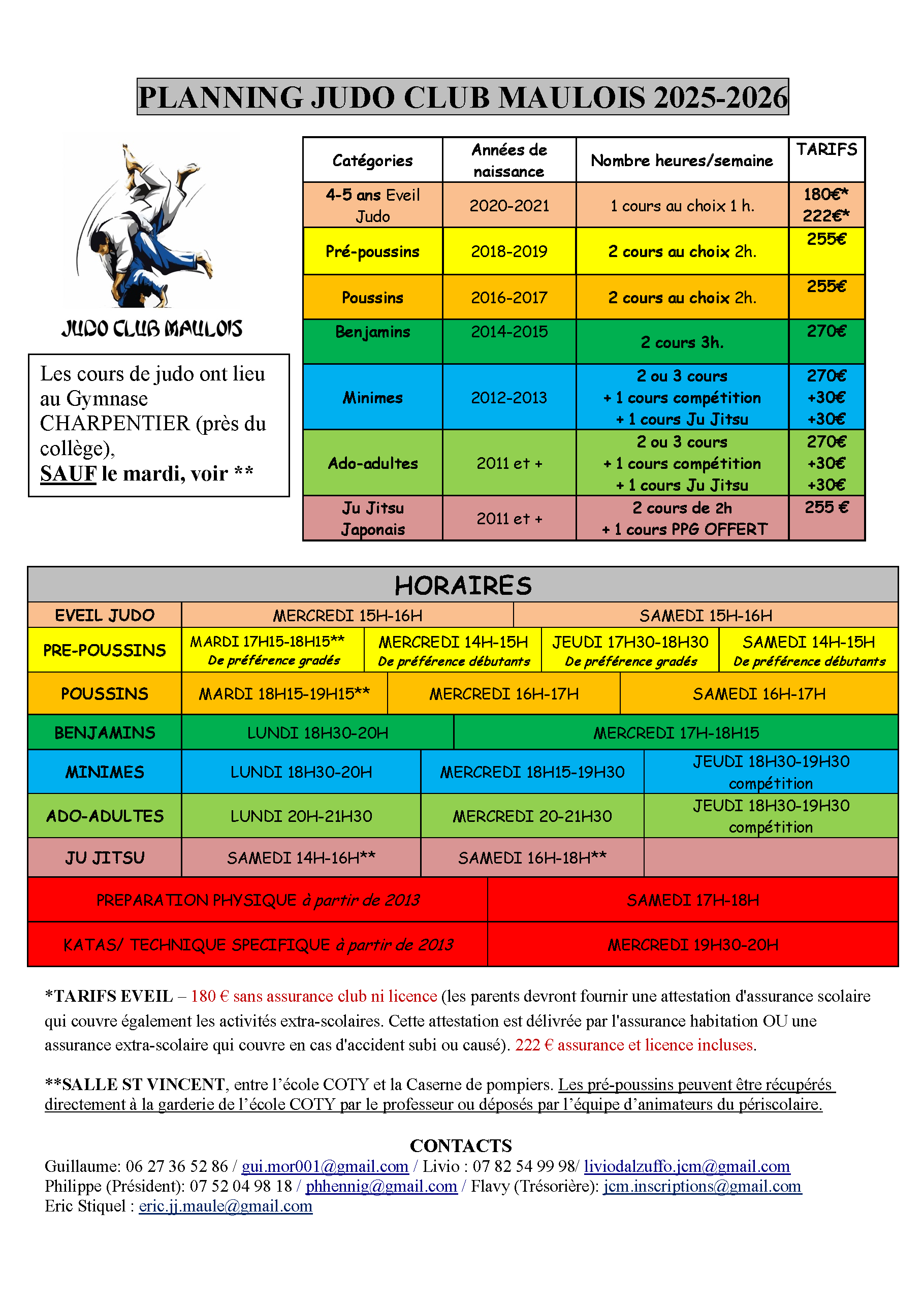 planning tarifs judo 2025 2026