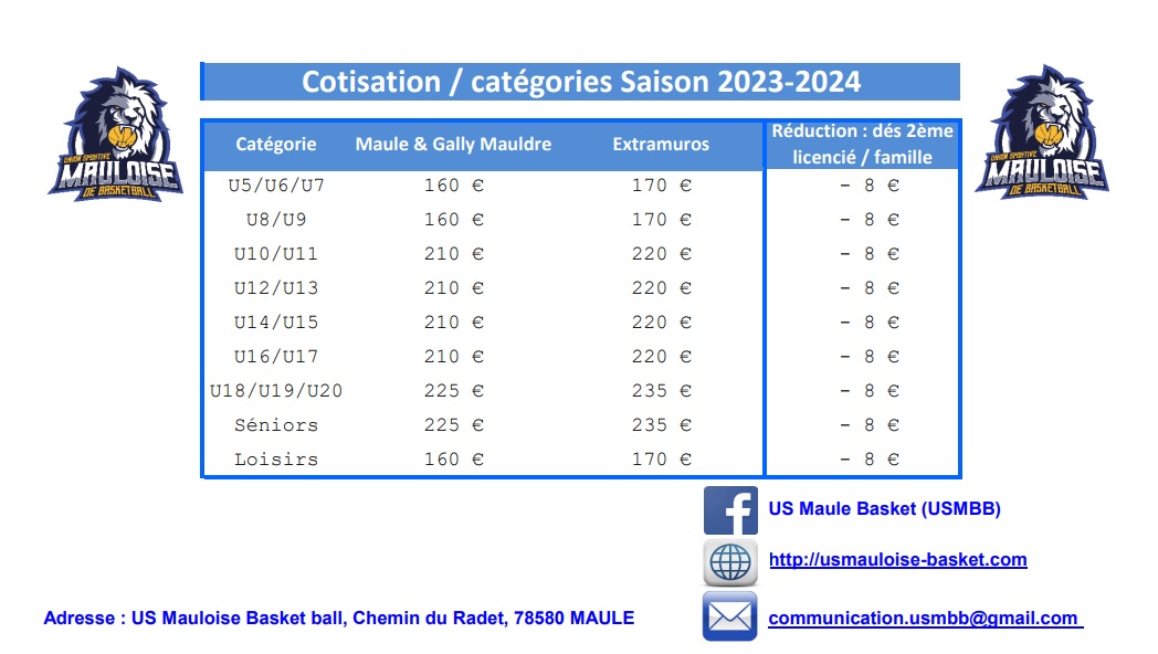 Tarifs USMBB 2023 2024