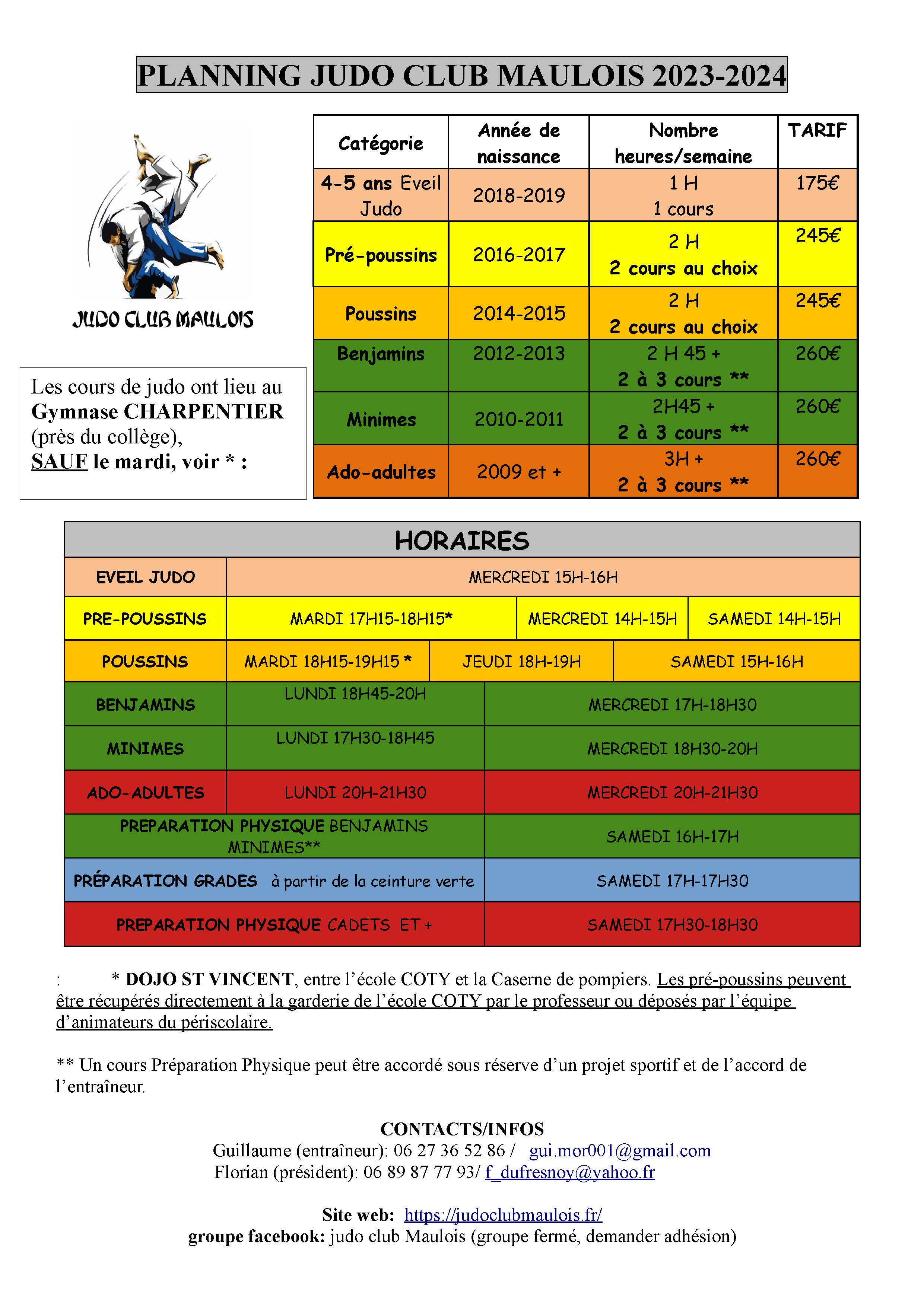 planning tarifs judo 2023 2024